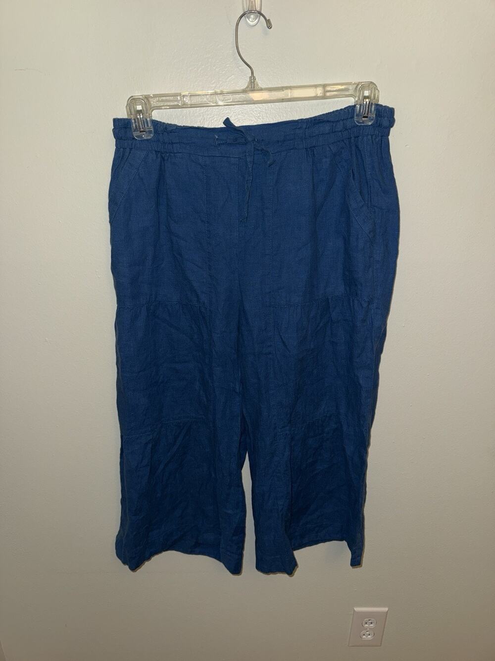Yuvita 100% Linen Wide Leg Cropped Pants Blue Lagenlook Size Large Drawstring